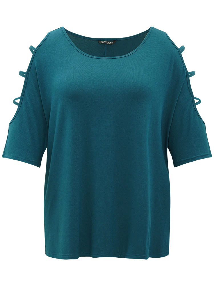 Solid Cut Out Round Neck Dolman Sleeve T-shirt - Image 7