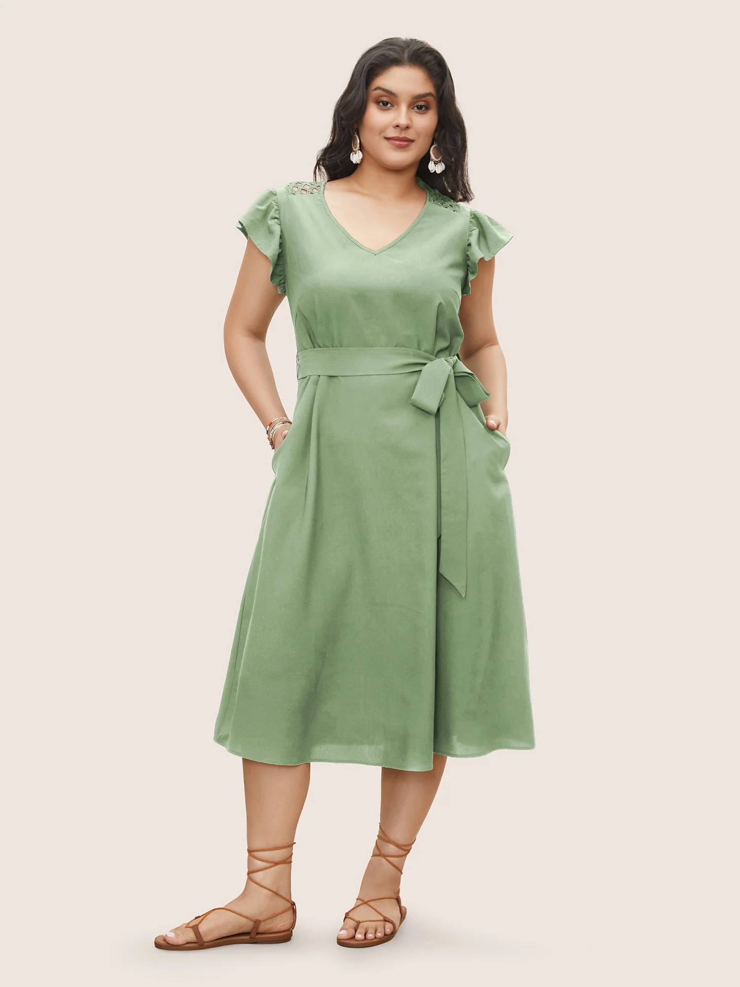 Solid Cut Out Ruffle Cap Sleeve Dress - Image 10