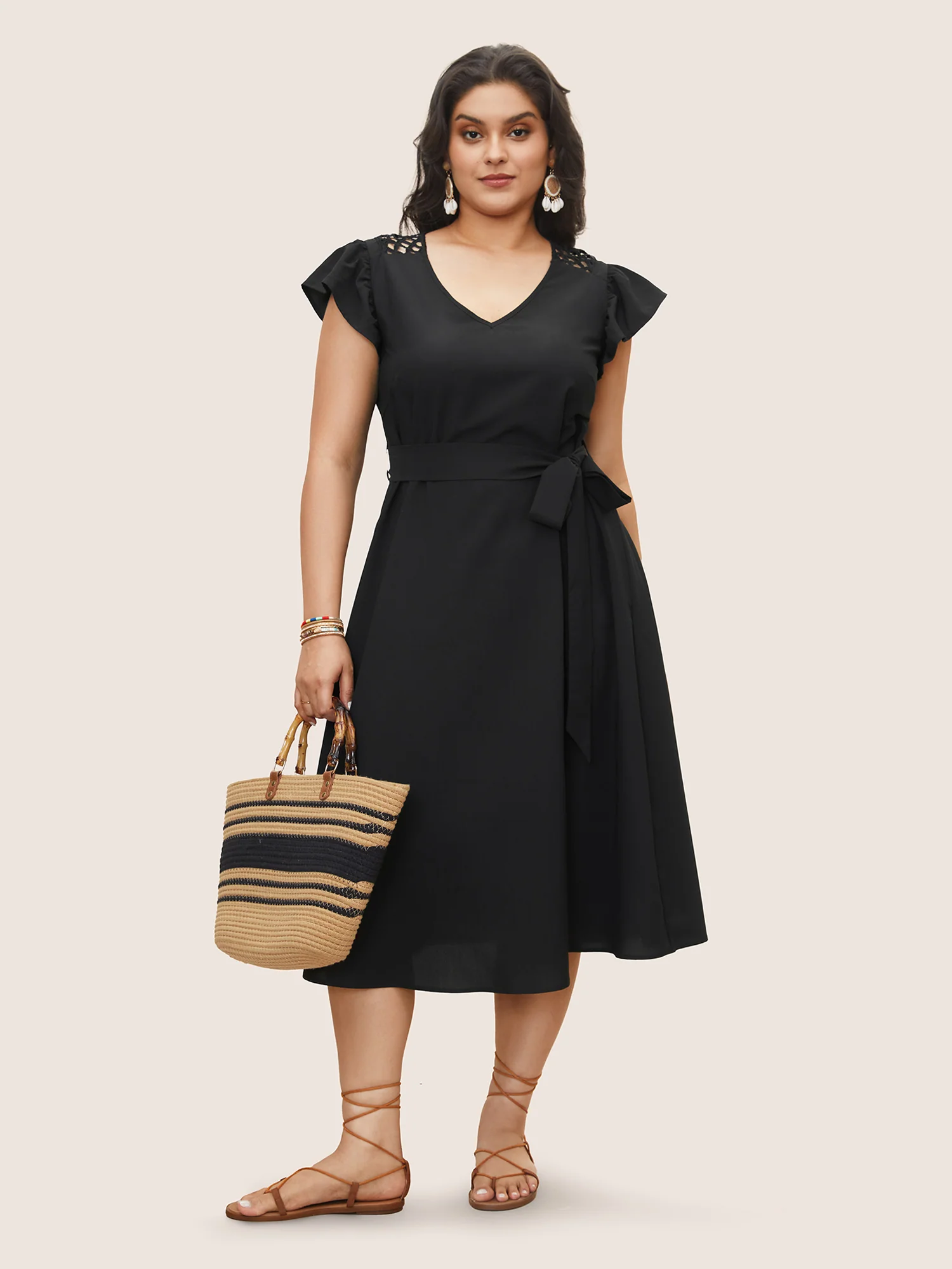 Solid Cut Out Ruffle Cap Sleeve Dress - Image 2