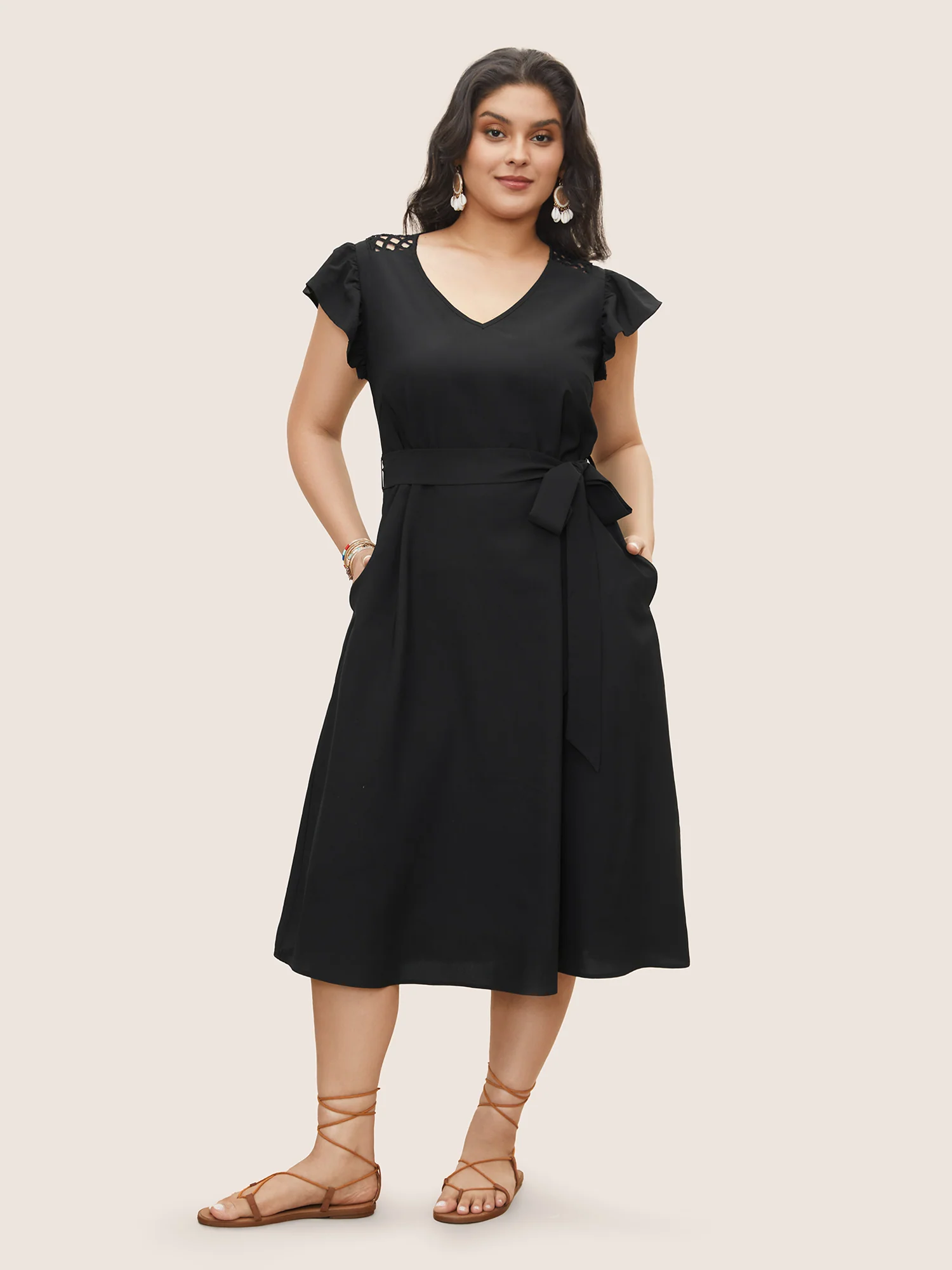 Solid Cut Out Ruffle Cap Sleeve Dress - Image 3