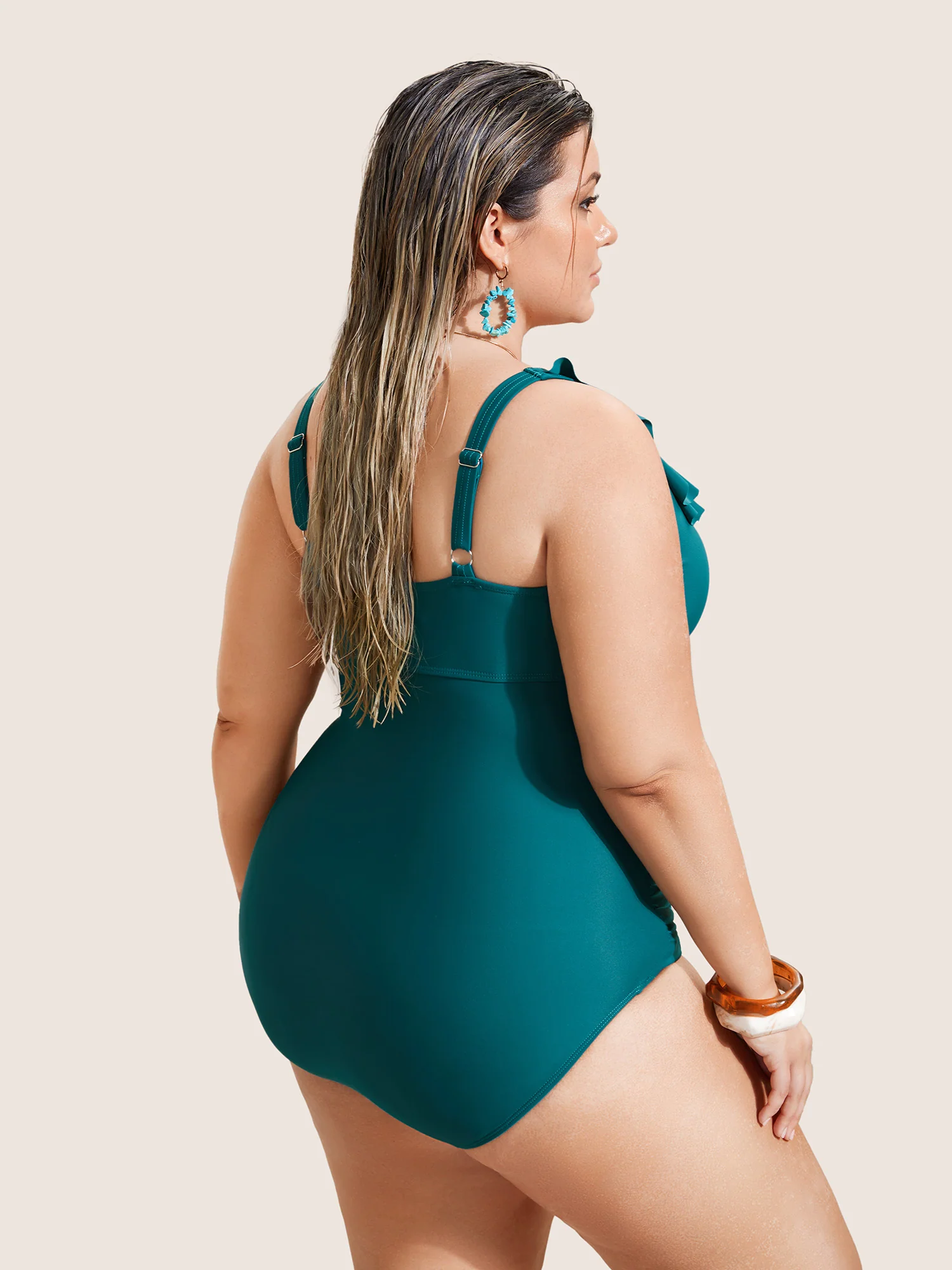 Solid Cut Out Ruffle Trim One Piece Swimsuit - Image 2