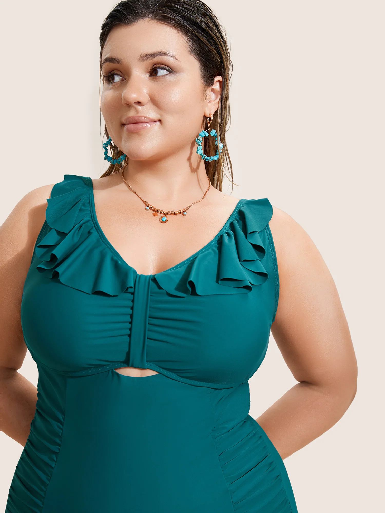 Solid Cut Out Ruffle Trim One Piece Swimsuit - Image 3
