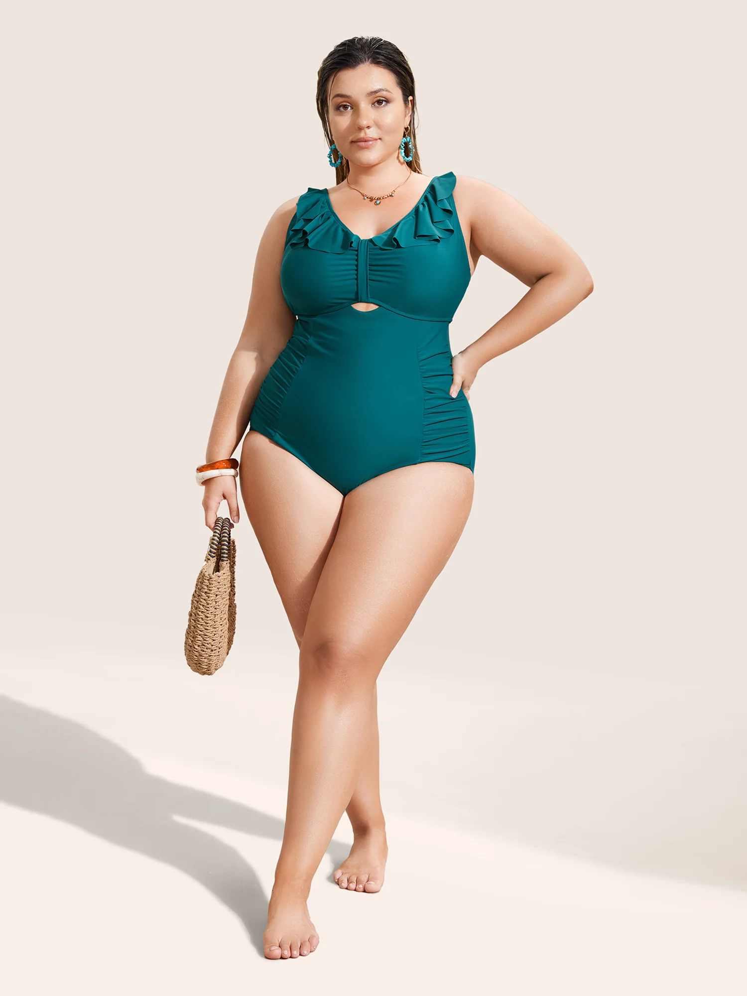 Solid Cut Out Ruffle Trim One Piece Swimsuit - Image 4