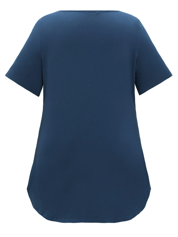 Solid Distressed Detail Arc Hem Keyhole Neck T-shirt - Image 10