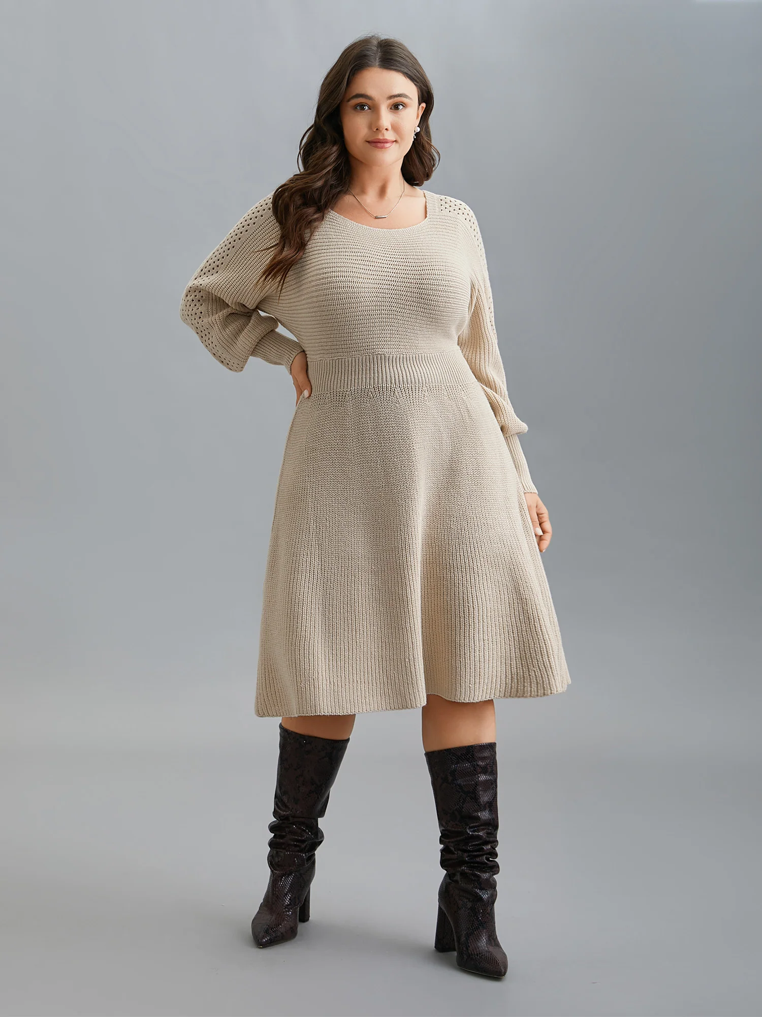Solid Dolman Sleeve Cable Knit Dress - Image 3