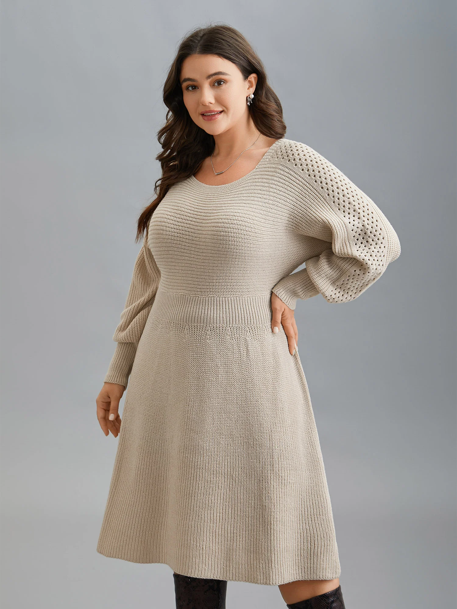 Solid Dolman Sleeve Cable Knit Dress - Image 4