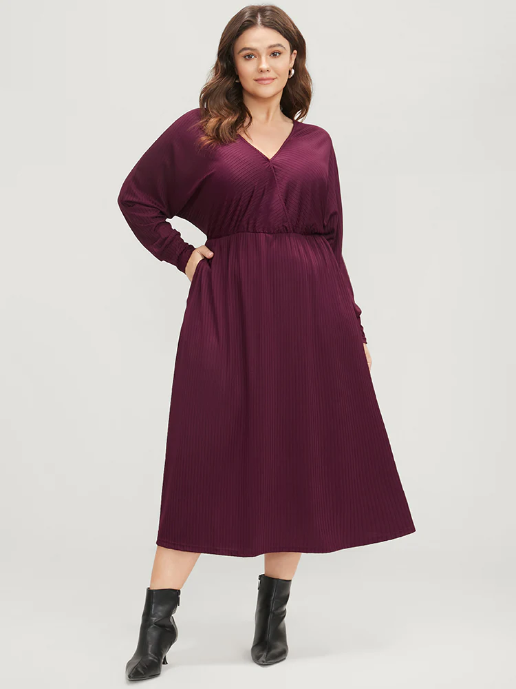Solid Dolman Sleeve Pocket Rib Knit Wrap Dress - Image 2