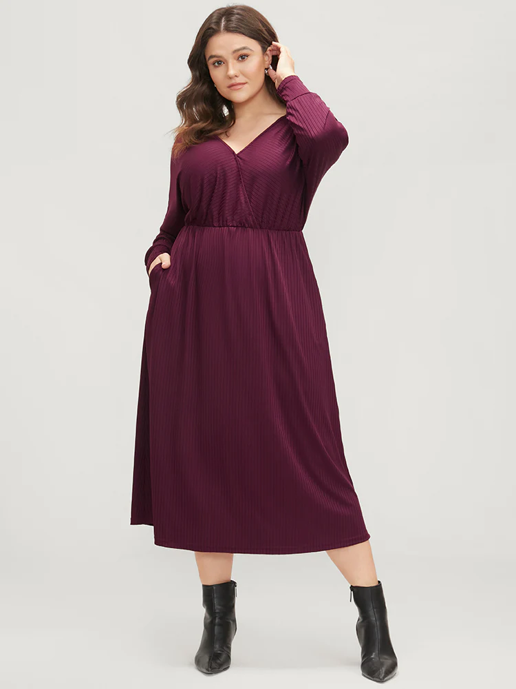Solid Dolman Sleeve Pocket Rib Knit Wrap Dress - Image 3