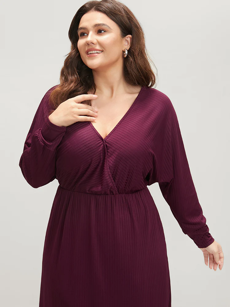 Solid Dolman Sleeve Pocket Rib Knit Wrap Dress - Image 7