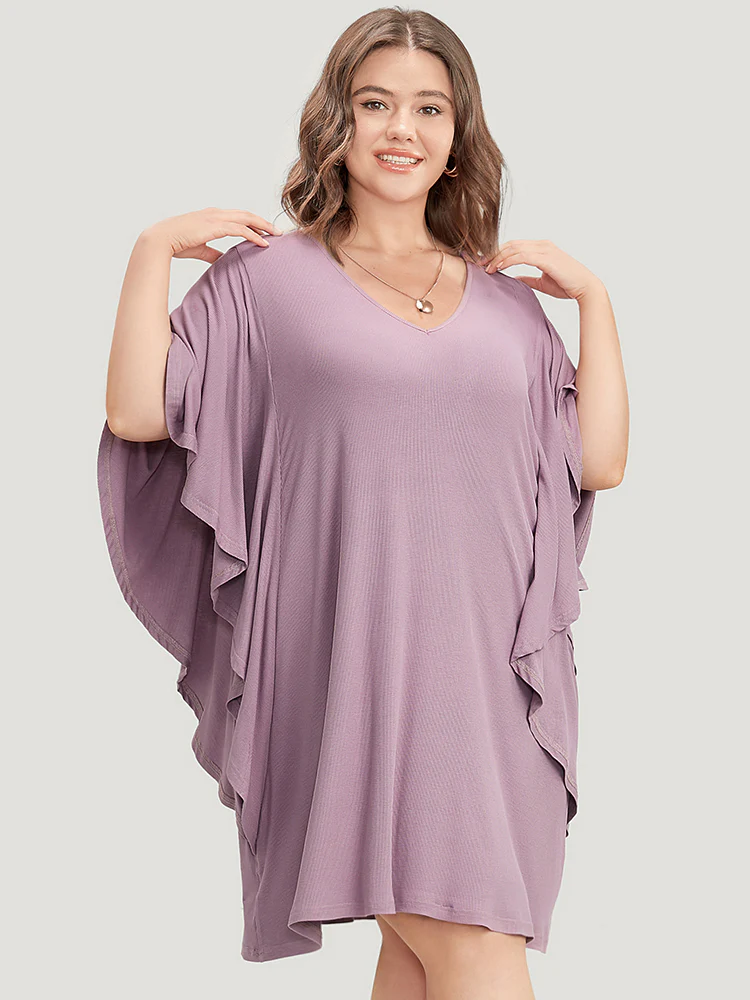 Solid Dolman Sleeve Ruffle Trim Pocket Rib Knit Knee Dress