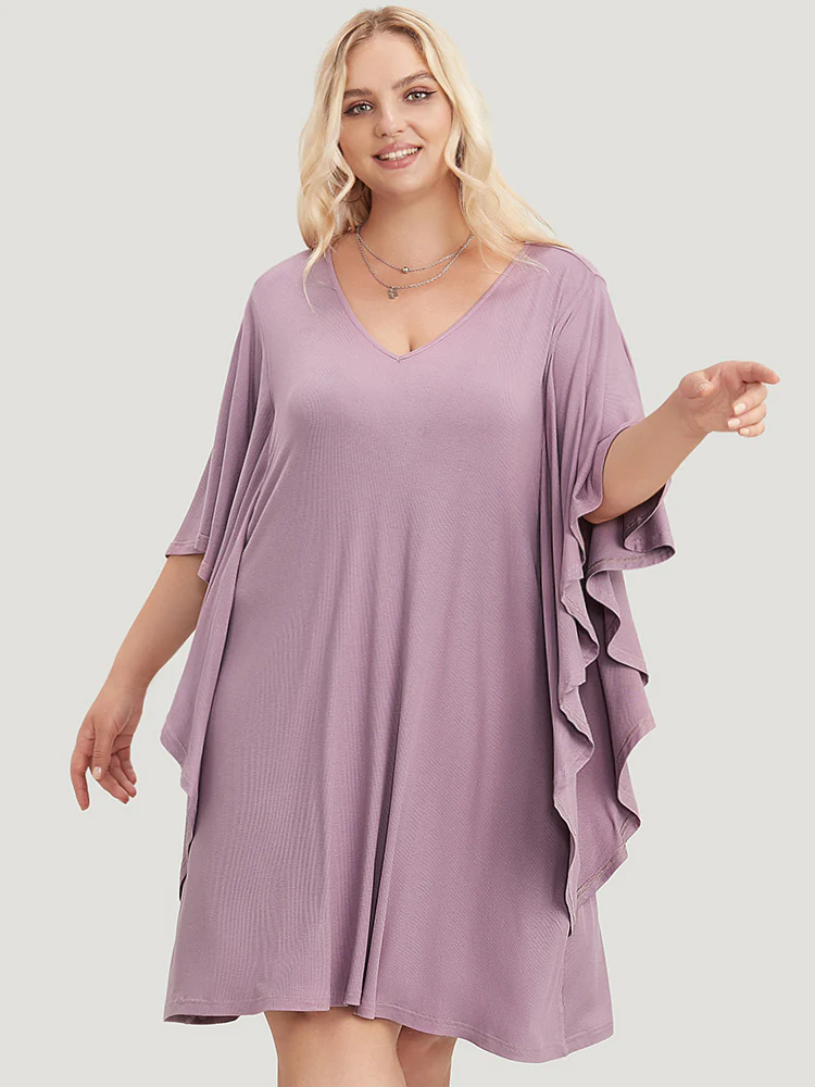 Solid Dolman Sleeve Ruffle Trim Pocket Rib Knit Knee Dress - Image 2