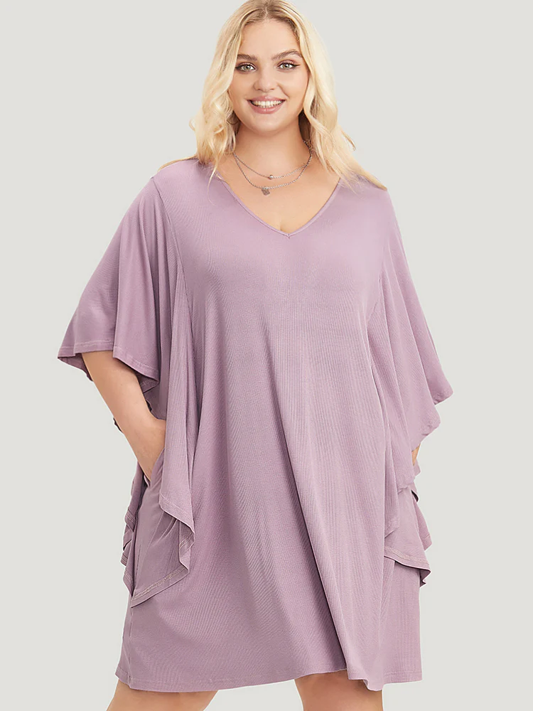 Solid Dolman Sleeve Ruffle Trim Pocket Rib Knit Knee Dress - Image 3
