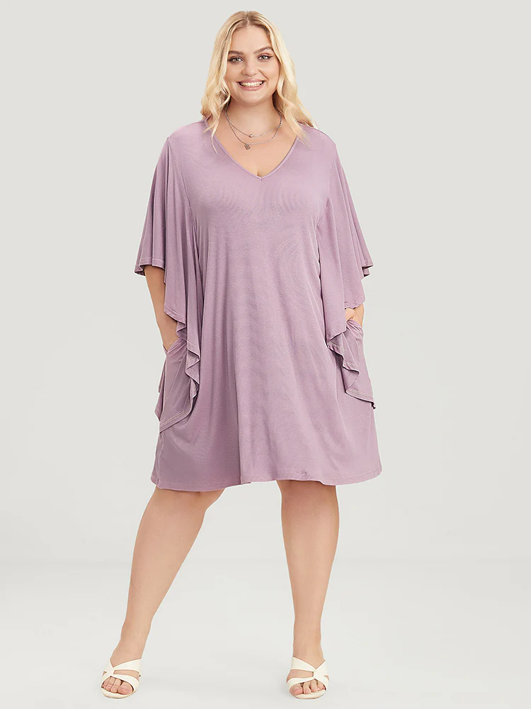 Solid Dolman Sleeve Ruffle Trim Pocket Rib Knit Knee Dress - Image 4