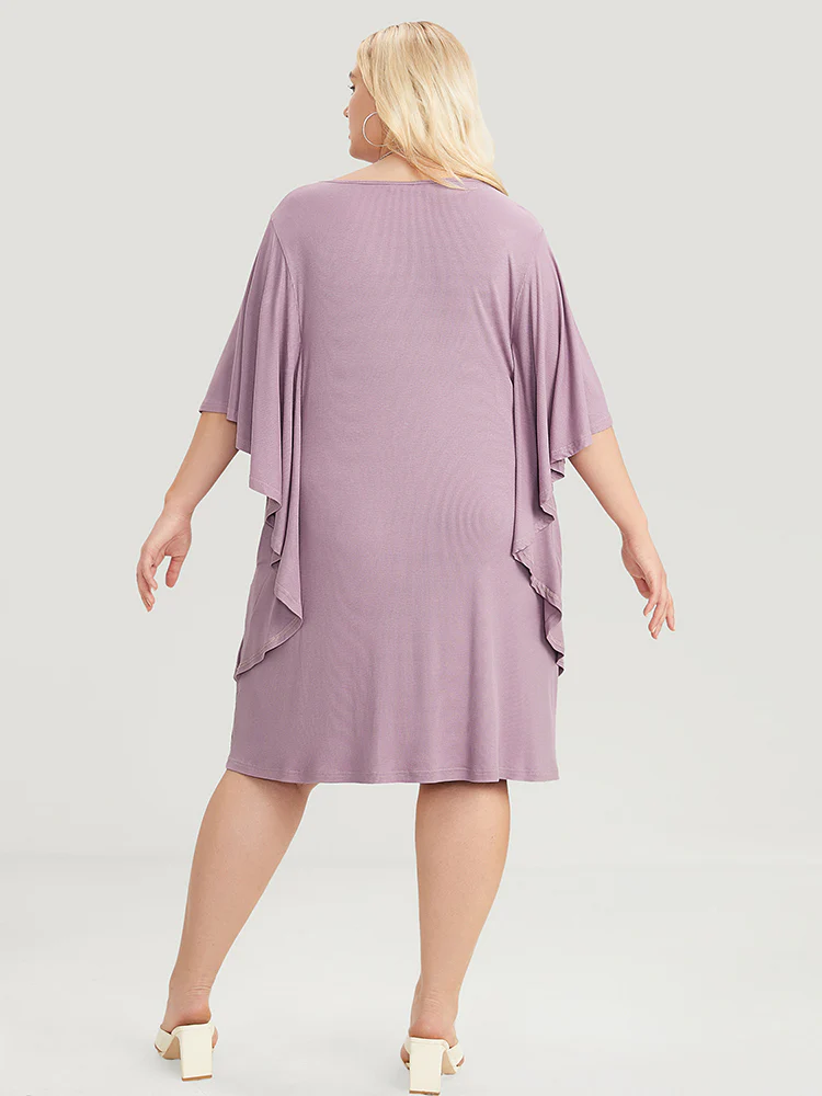 Solid Dolman Sleeve Ruffle Trim Pocket Rib Knit Knee Dress - Image 5
