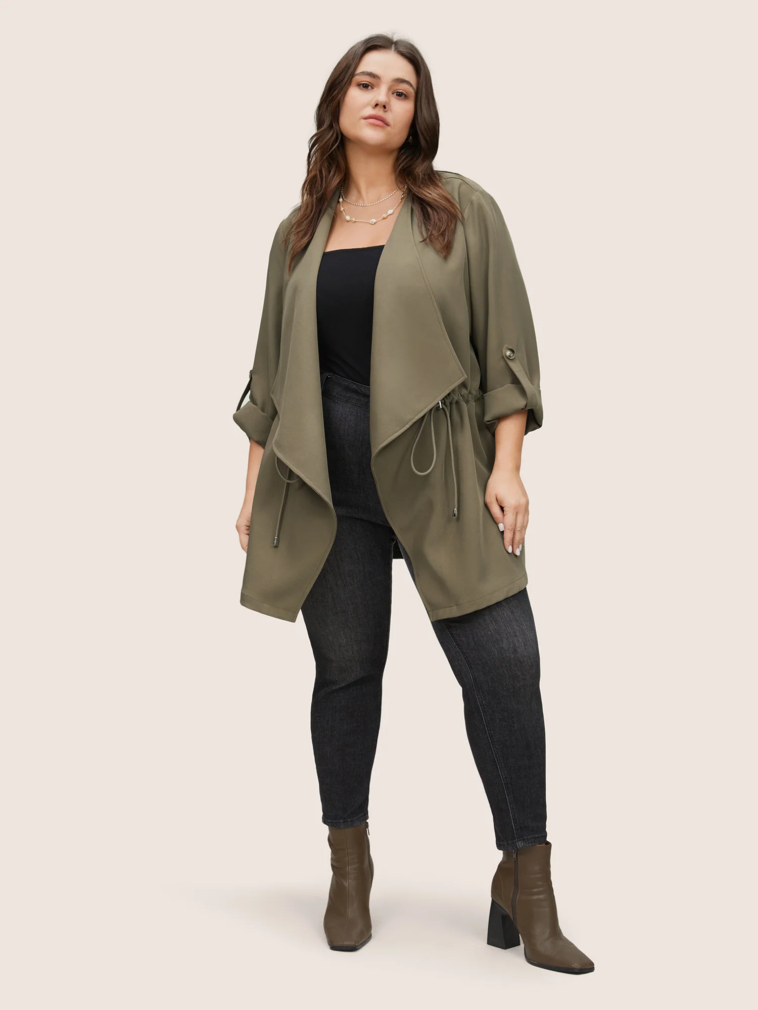 Solid Drawstring Asymmetrical Neck Tab Sleeve Jacket - Image 2