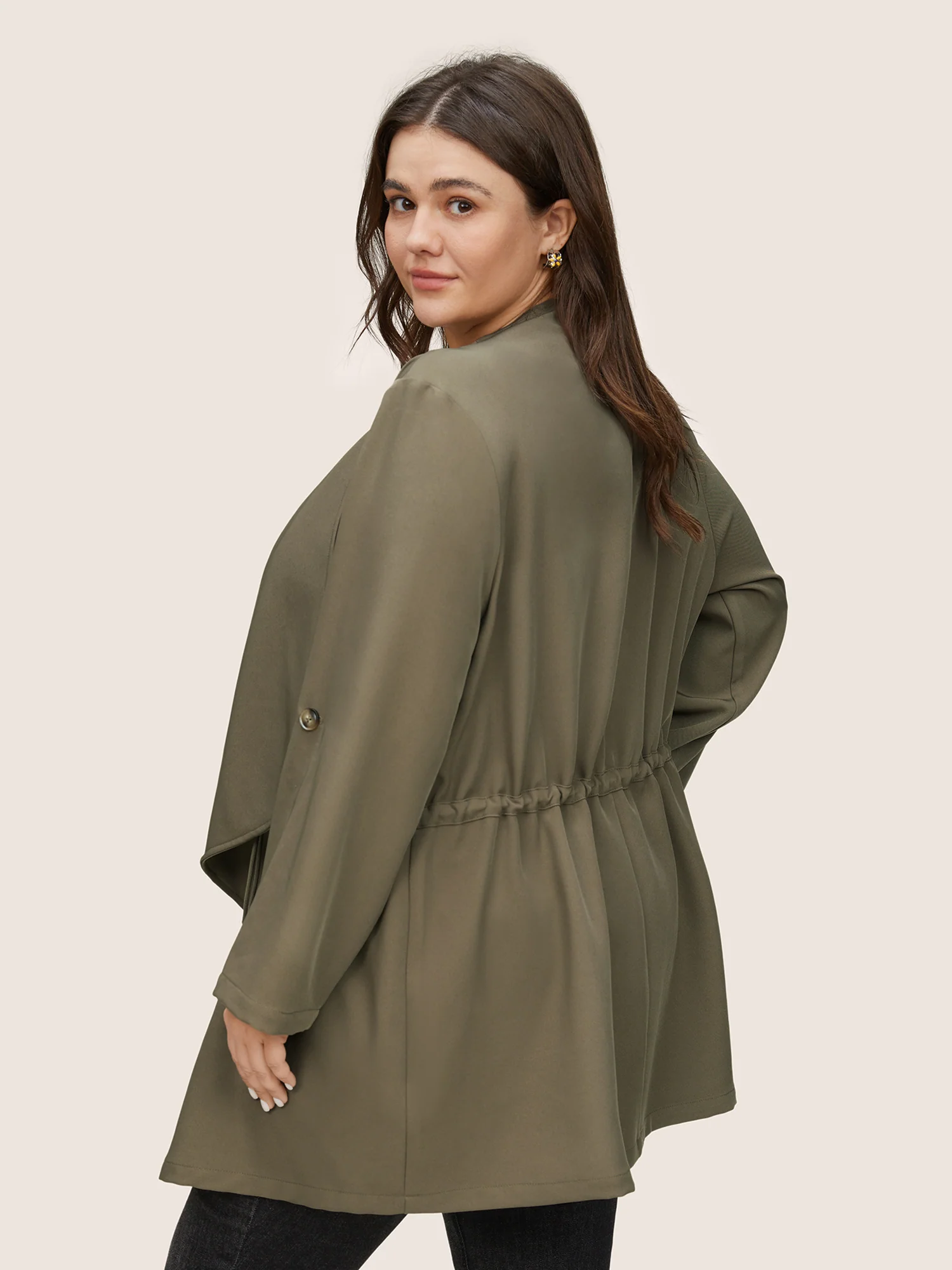Solid Drawstring Asymmetrical Neck Tab Sleeve Jacket - Image 4