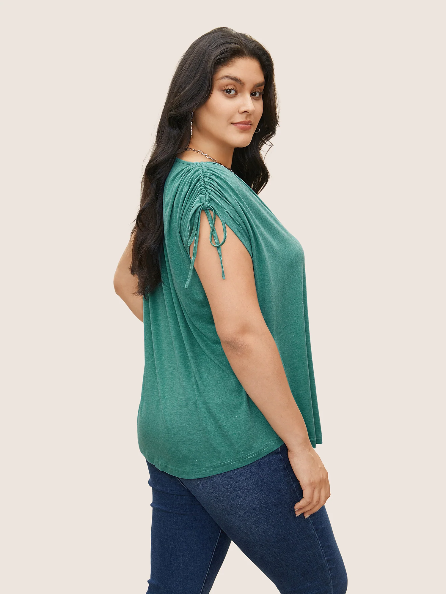 Solid Drawstring Dolman Sleeve T-shirt - Image 2