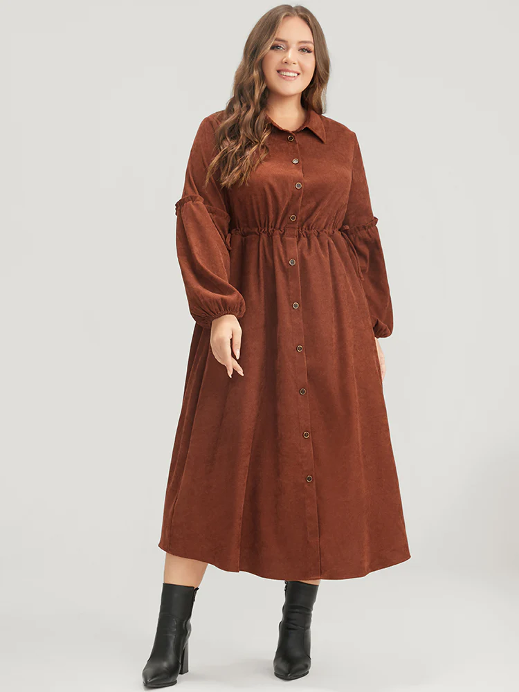 Solid Drawstring Pocket Button Detail Shirt Collar Corduroy Dress - Image 2