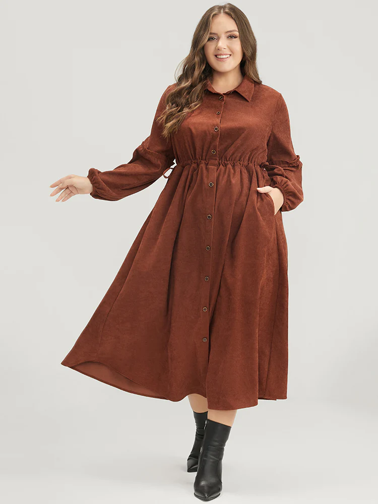 Solid Drawstring Pocket Button Detail Shirt Collar Corduroy Dress - Image 3