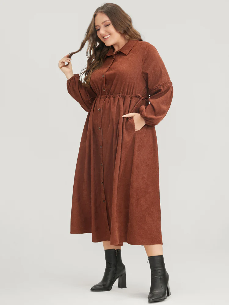 Solid Drawstring Pocket Button Detail Shirt Collar Corduroy Dress - Image 4