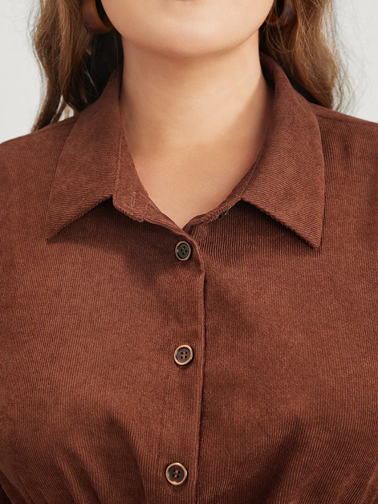 Solid Drawstring Pocket Button Detail Shirt Collar Corduroy Dress - Image 5