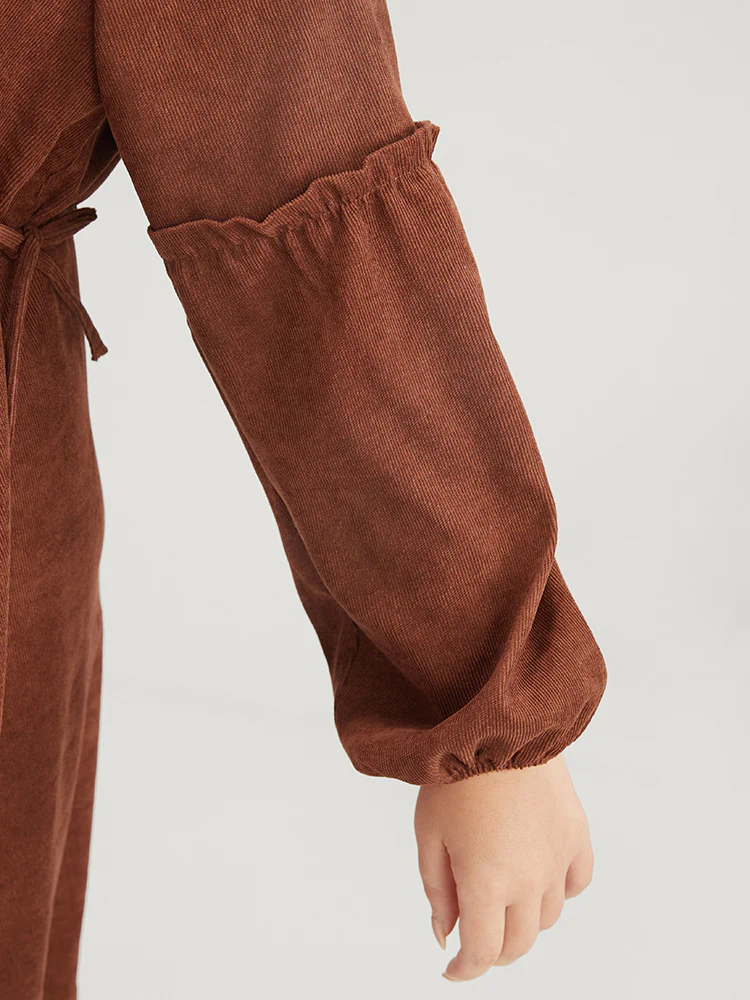 Solid Drawstring Pocket Button Detail Shirt Collar Corduroy Dress - Image 6