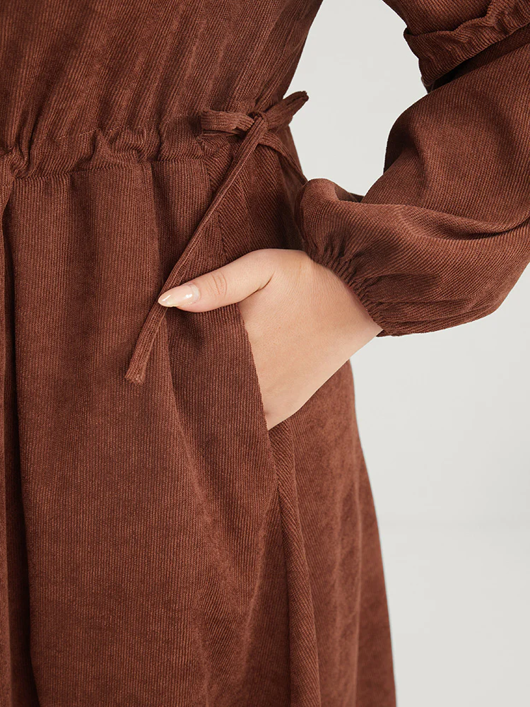 Solid Drawstring Pocket Button Detail Shirt Collar Corduroy Dress - Image 7