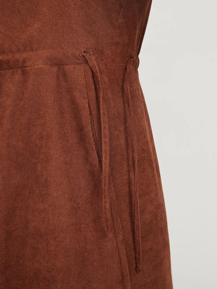 Solid Drawstring Pocket Button Detail Shirt Collar Corduroy Dress - Image 9