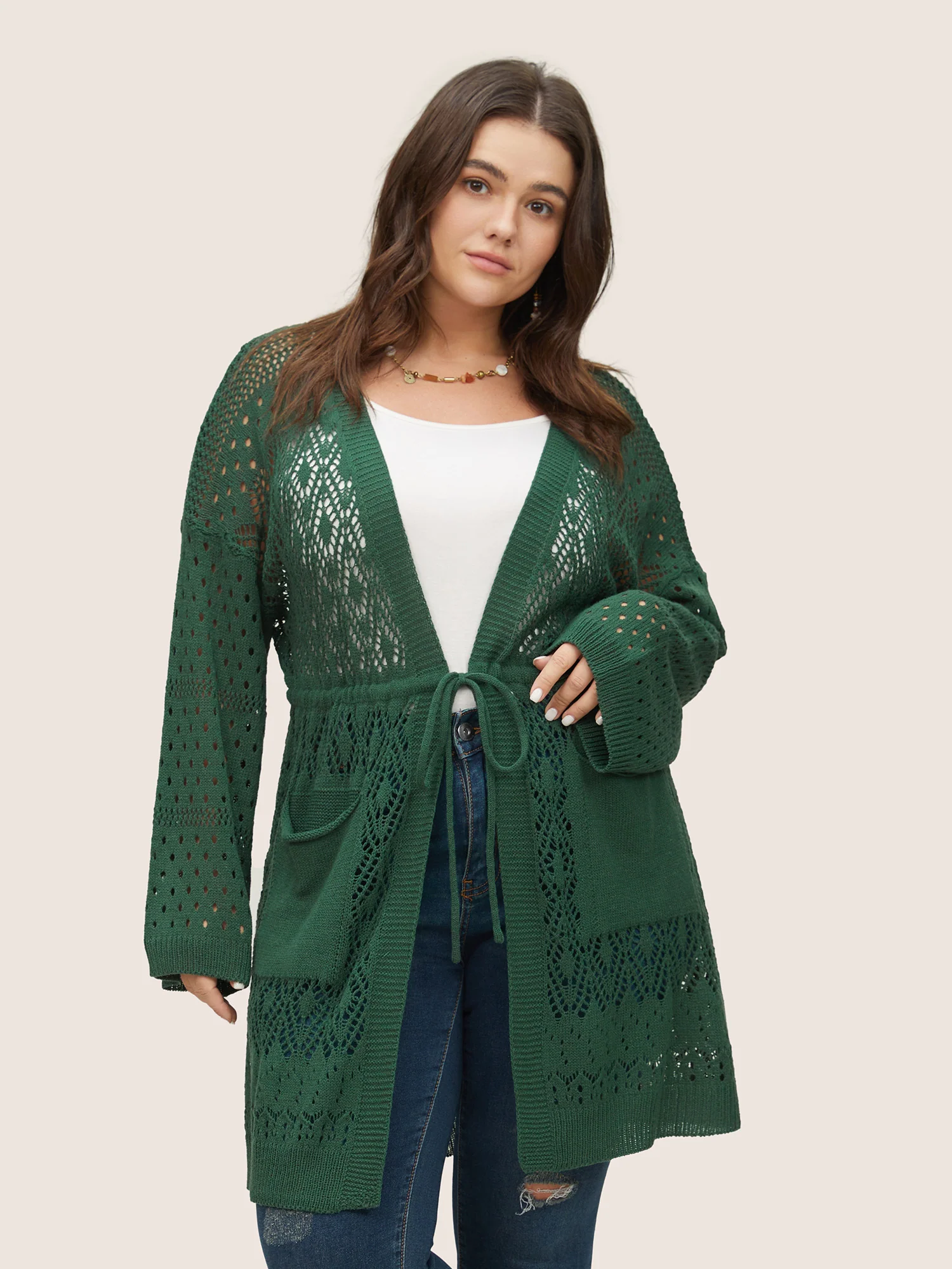 Solid Drawstring Pocket Hollow Out Cardigan