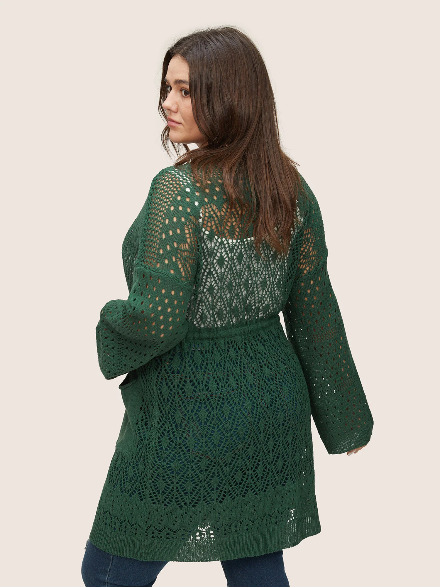 Solid Drawstring Pocket Hollow Out Cardigan - Image 2