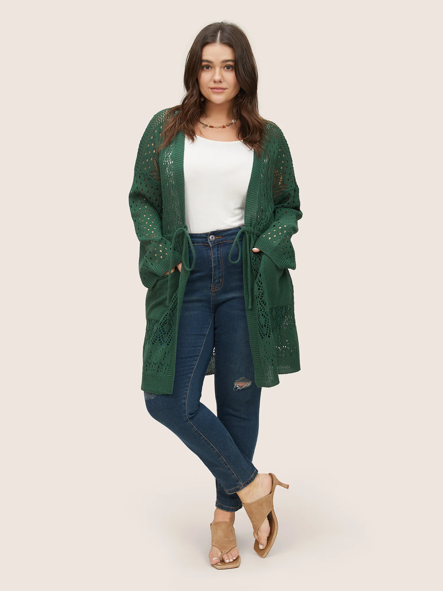 Solid Drawstring Pocket Hollow Out Cardigan - Image 3