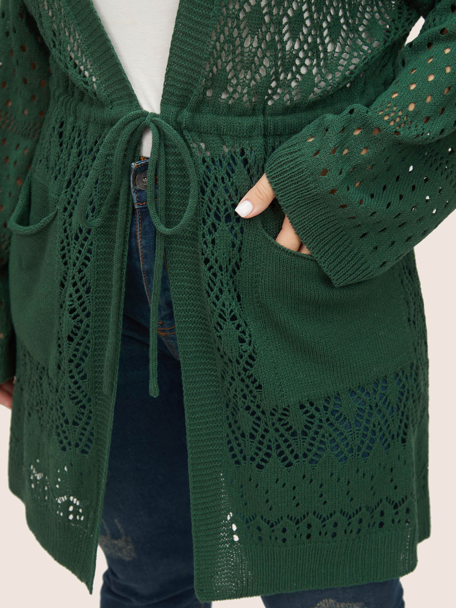 Solid Drawstring Pocket Hollow Out Cardigan - Image 4