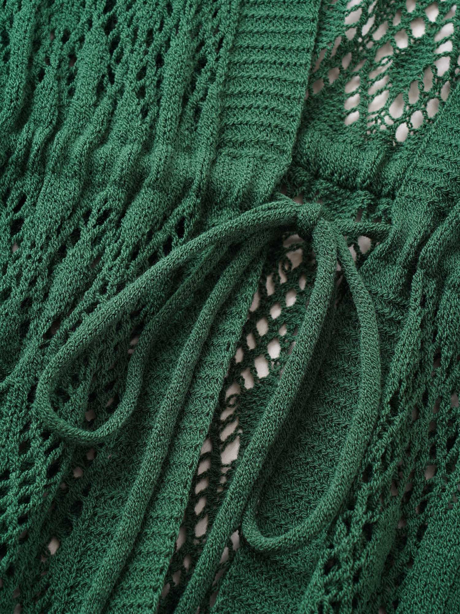 Solid Drawstring Pocket Hollow Out Cardigan - Image 5