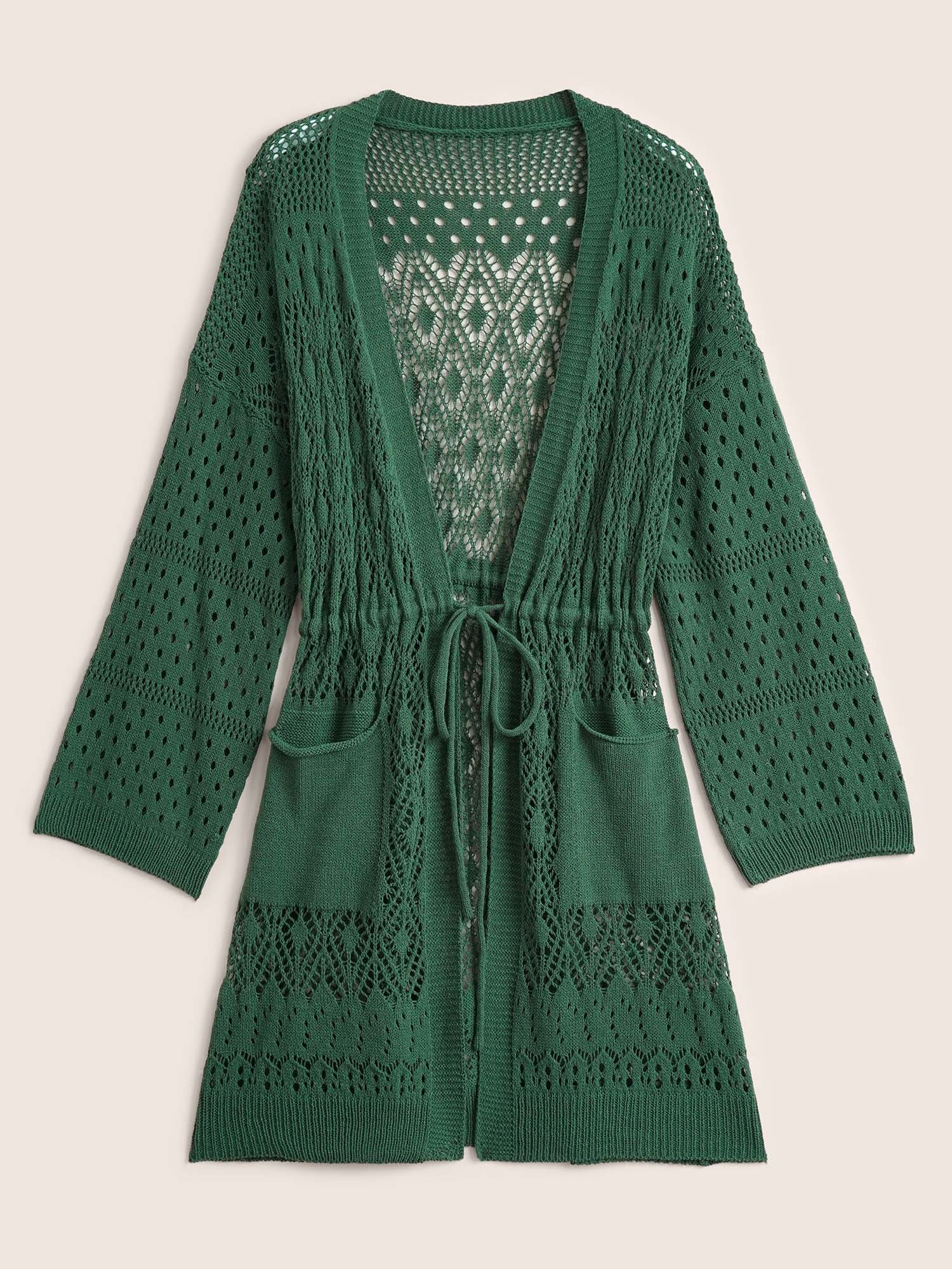 Solid Drawstring Pocket Hollow Out Cardigan - Image 7
