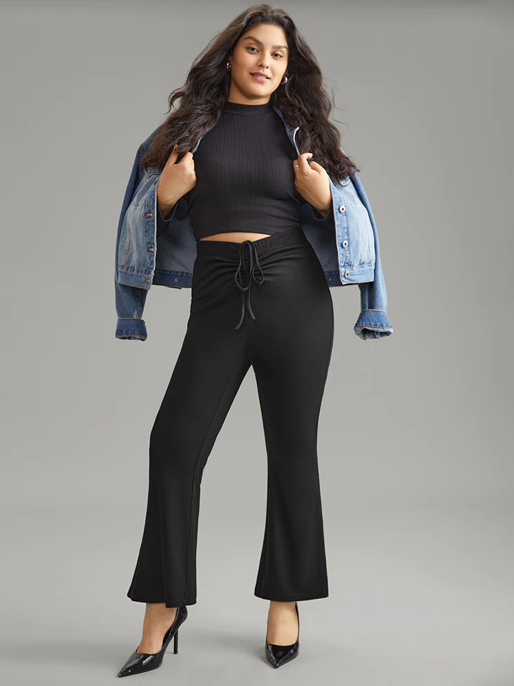 Solid Drawstring Ruched Flare Leg Pants - Image 3