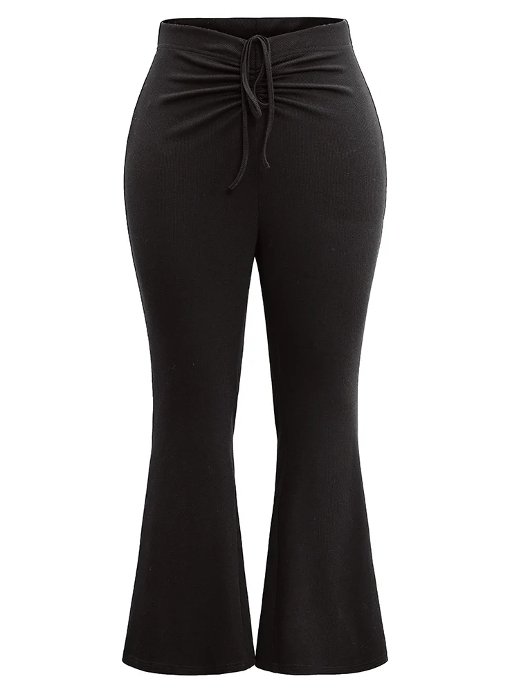 Solid Drawstring Ruched Flare Leg Pants - Image 5
