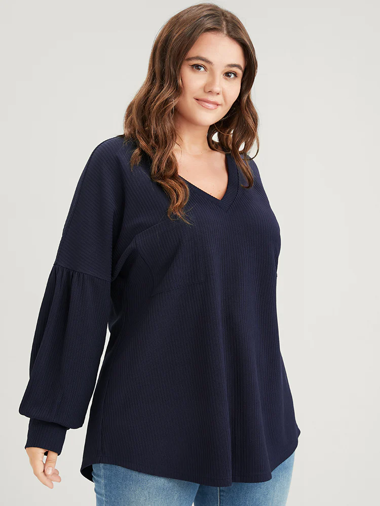 Solid Drop Shoulder Pocket Arc Hem Rib Knit Sweatshirt - Image 10