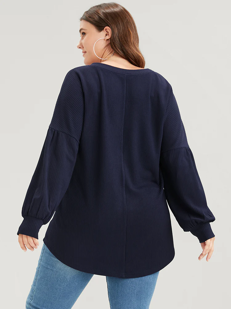 Solid Drop Shoulder Pocket Arc Hem Rib Knit Sweatshirt - Image 11