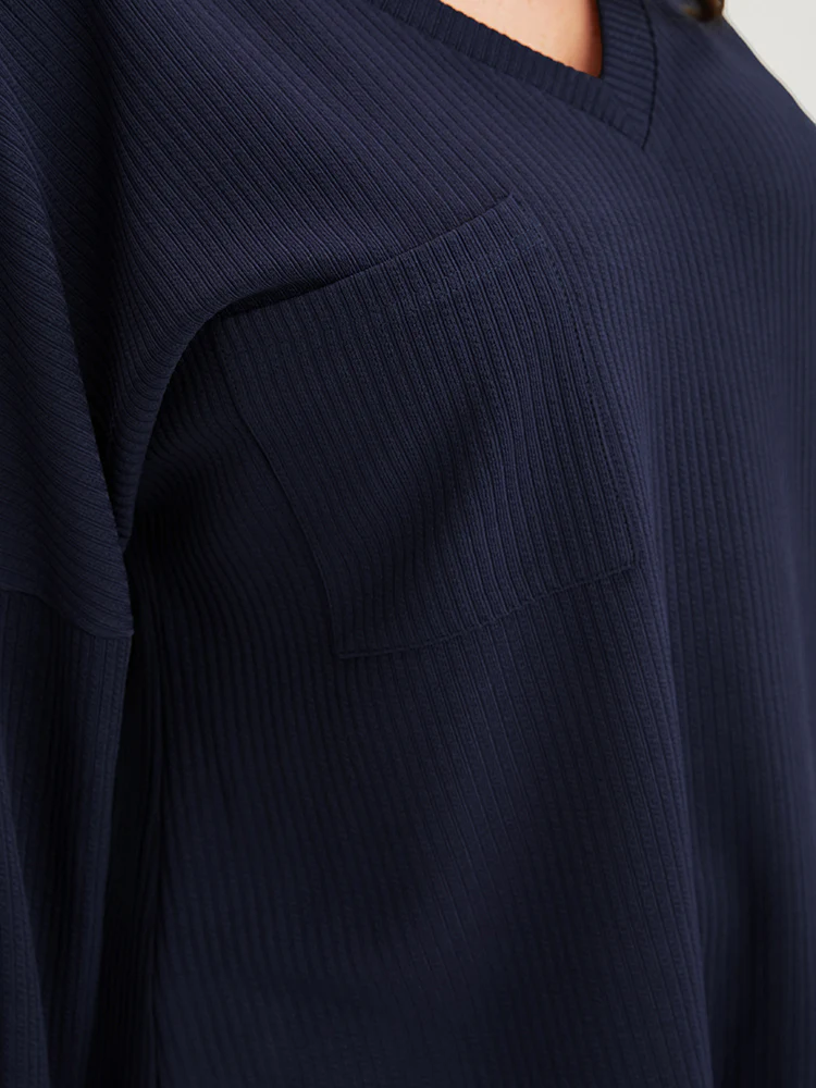 Solid Drop Shoulder Pocket Arc Hem Rib Knit Sweatshirt - Image 12