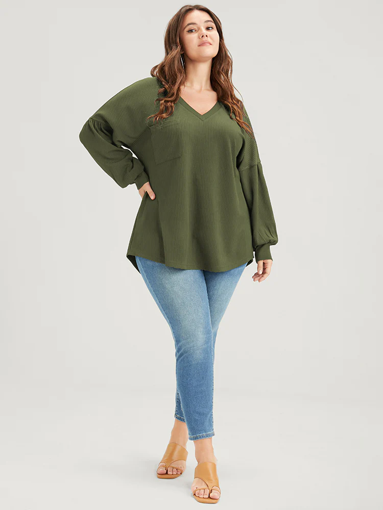 Solid Drop Shoulder Pocket Arc Hem Rib Knit Sweatshirt - Image 2