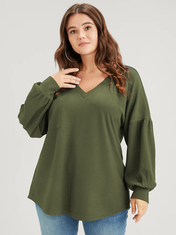 Solid Drop Shoulder Pocket Arc Hem Rib Knit Sweatshirt - Image 3