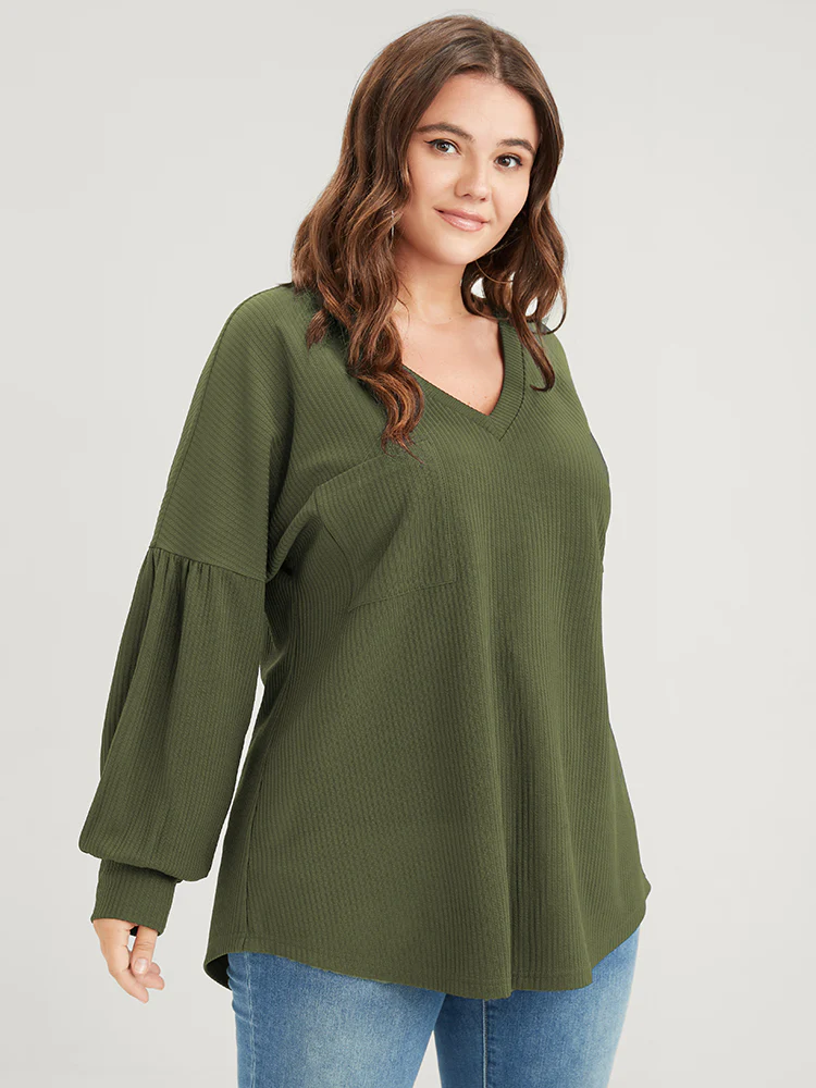 Solid Drop Shoulder Pocket Arc Hem Rib Knit Sweatshirt - Image 4
