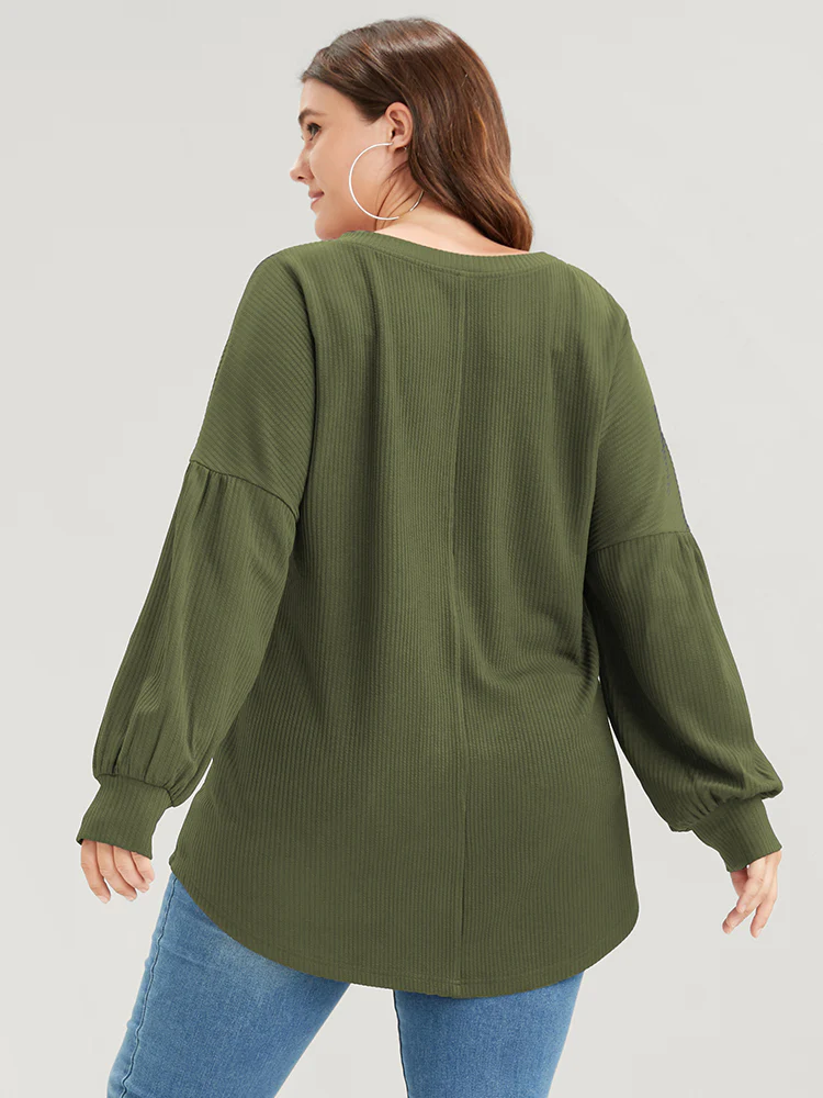 Solid Drop Shoulder Pocket Arc Hem Rib Knit Sweatshirt - Image 5