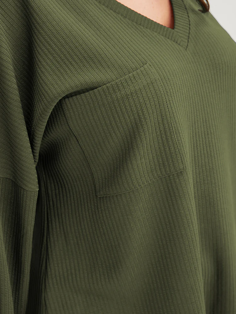 Solid Drop Shoulder Pocket Arc Hem Rib Knit Sweatshirt - Image 6