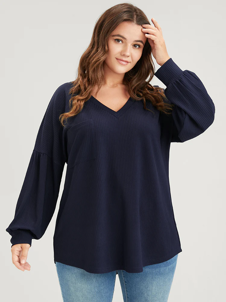 Solid Drop Shoulder Pocket Arc Hem Rib Knit Sweatshirt - Image 7