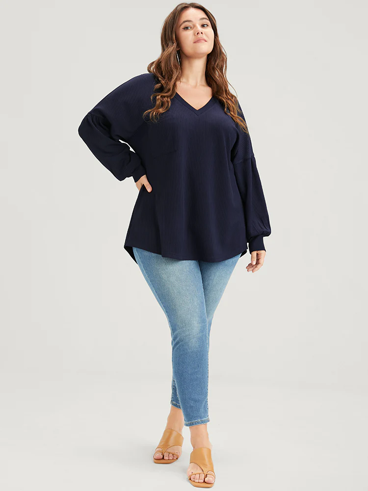 Solid Drop Shoulder Pocket Arc Hem Rib Knit Sweatshirt - Image 8