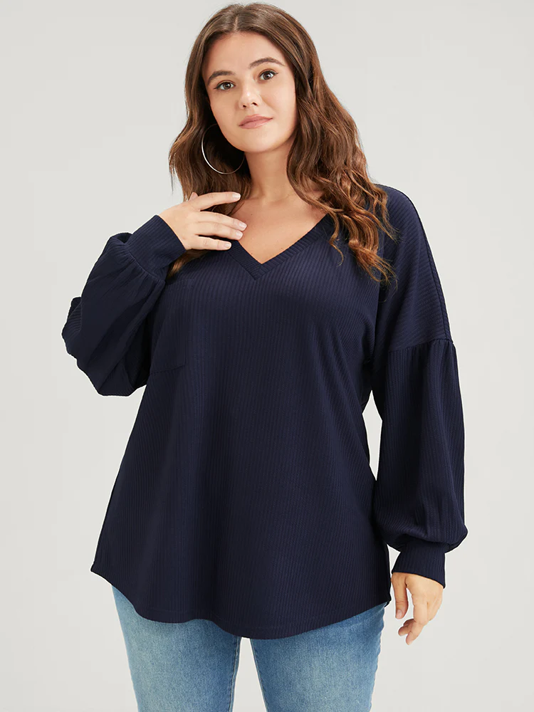 Solid Drop Shoulder Pocket Arc Hem Rib Knit Sweatshirt - Image 9