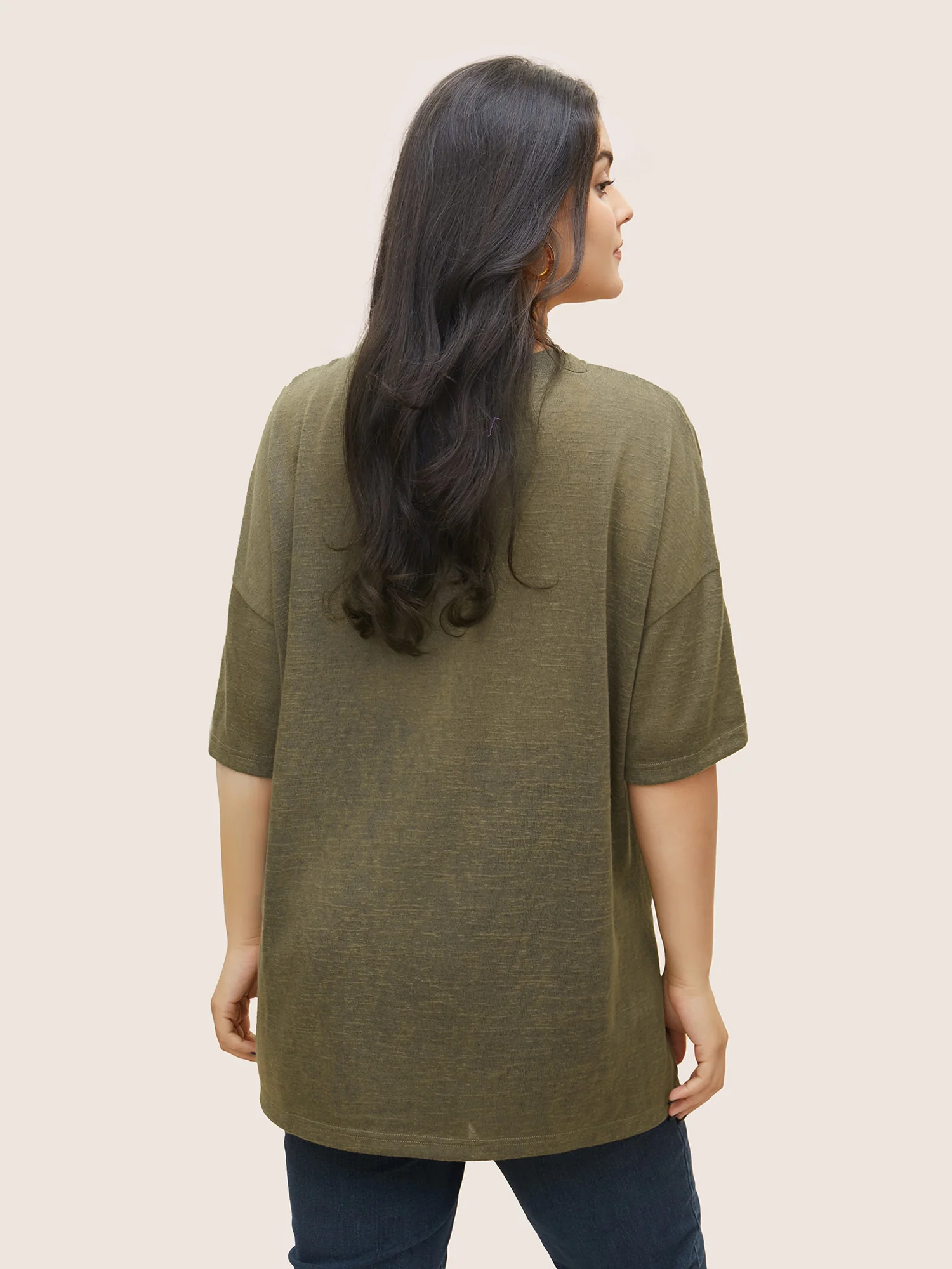 Solid Drop Shoulder Split Hem T-shirt - Image 2
