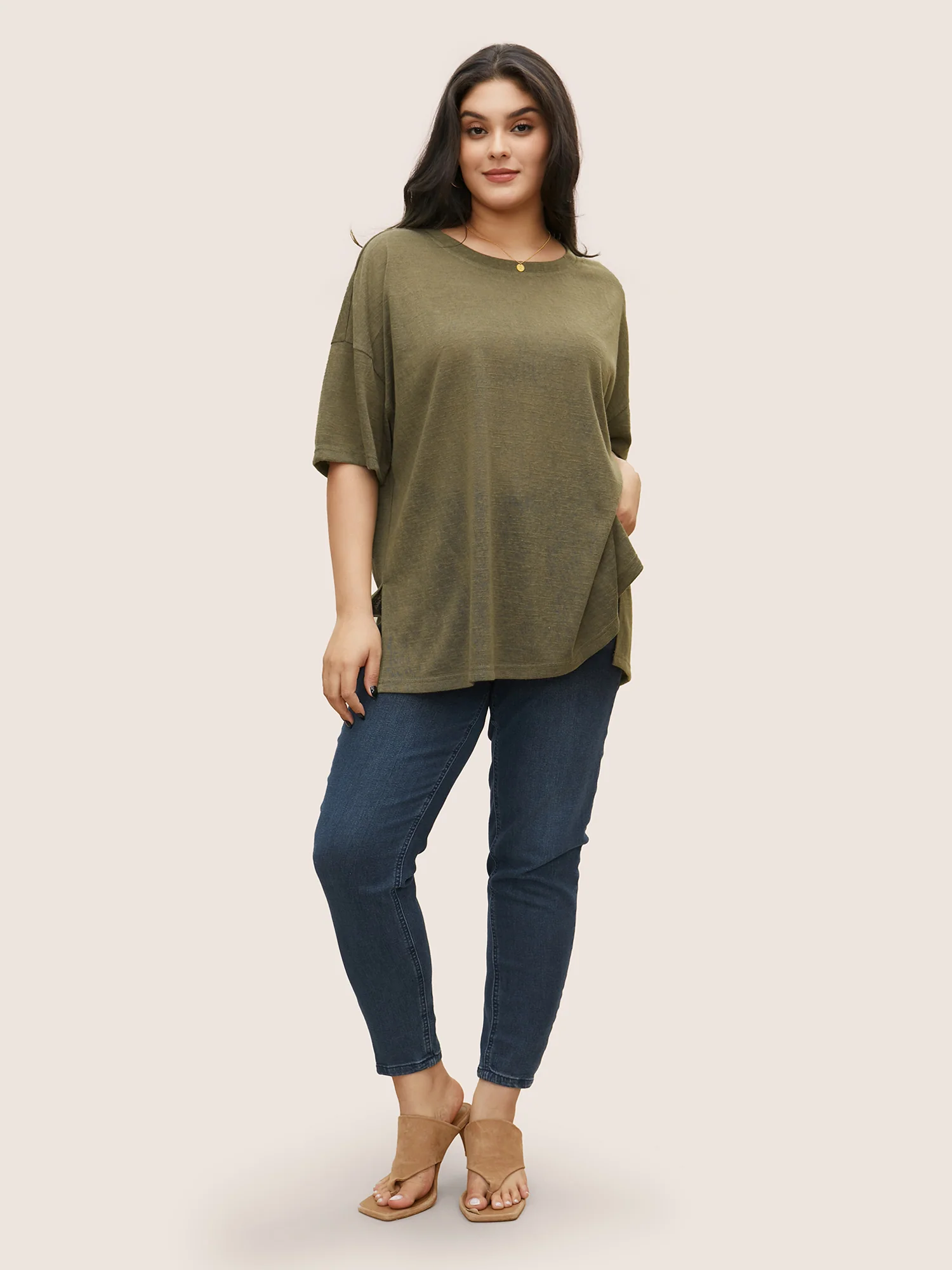 Solid Drop Shoulder Split Hem T-shirt - Image 3
