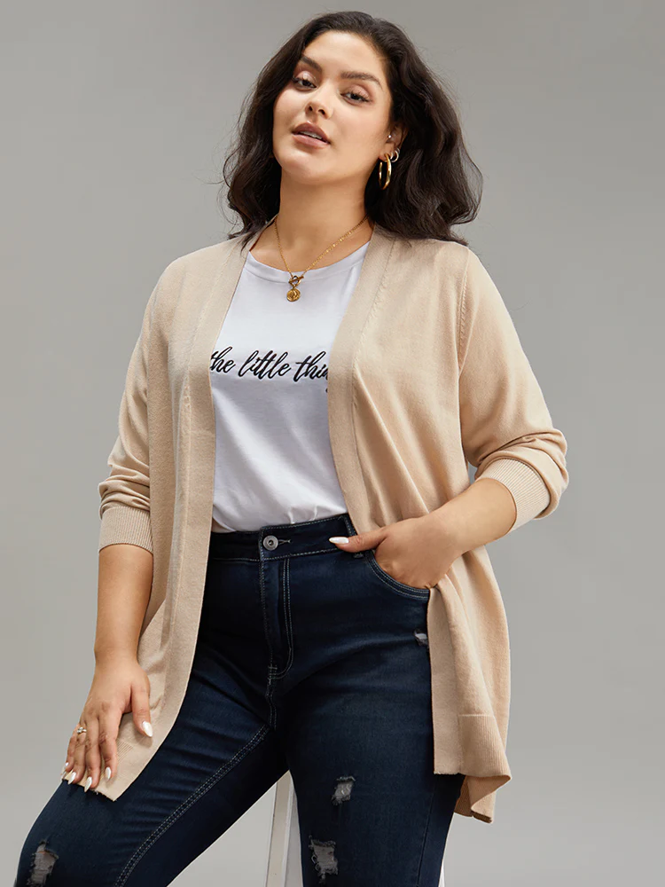 Solid Elastic Cuffs Open Front Cardigan - Image 2